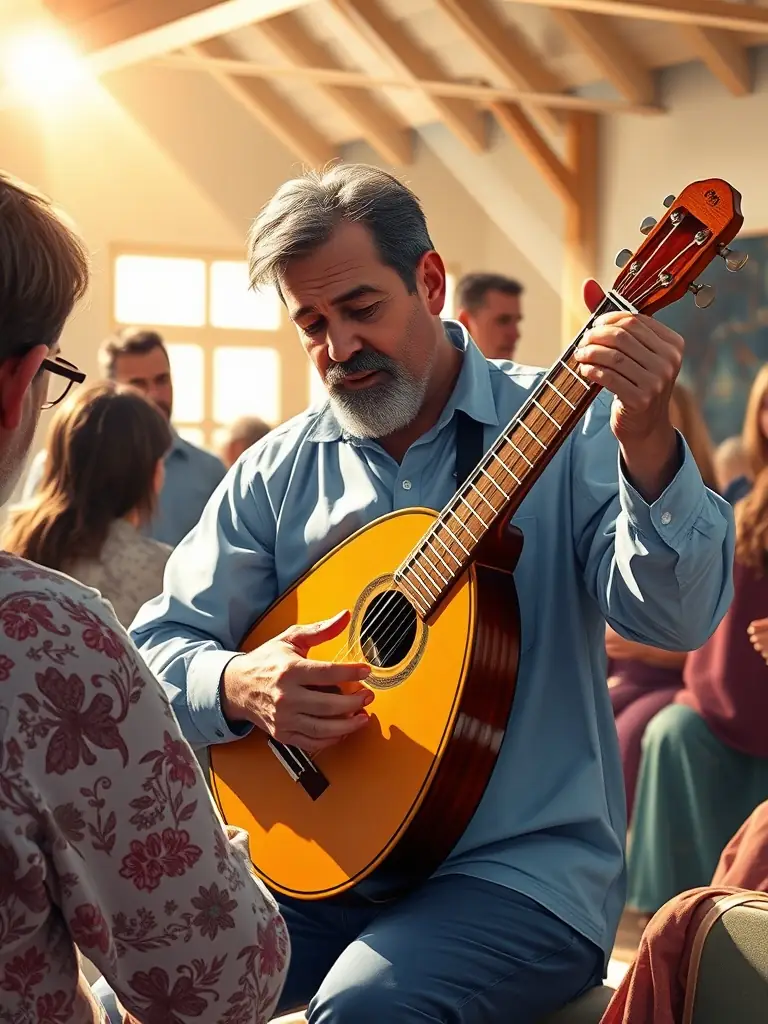 A vibrant image of a bouzouki player performing during a Greek music workshop, showcasing the instrument and the enthusiastic participants.