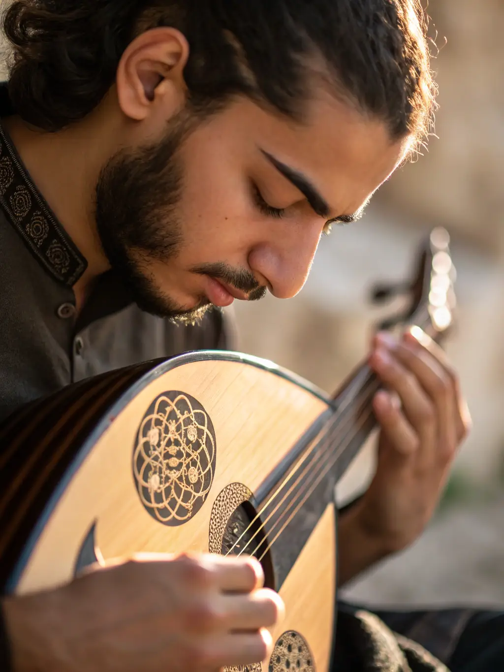 A photo of a lyra player performing at a cultural event organized by LE BLUES DU PIREE, highlighting the instrument and the audience's enjoyment.