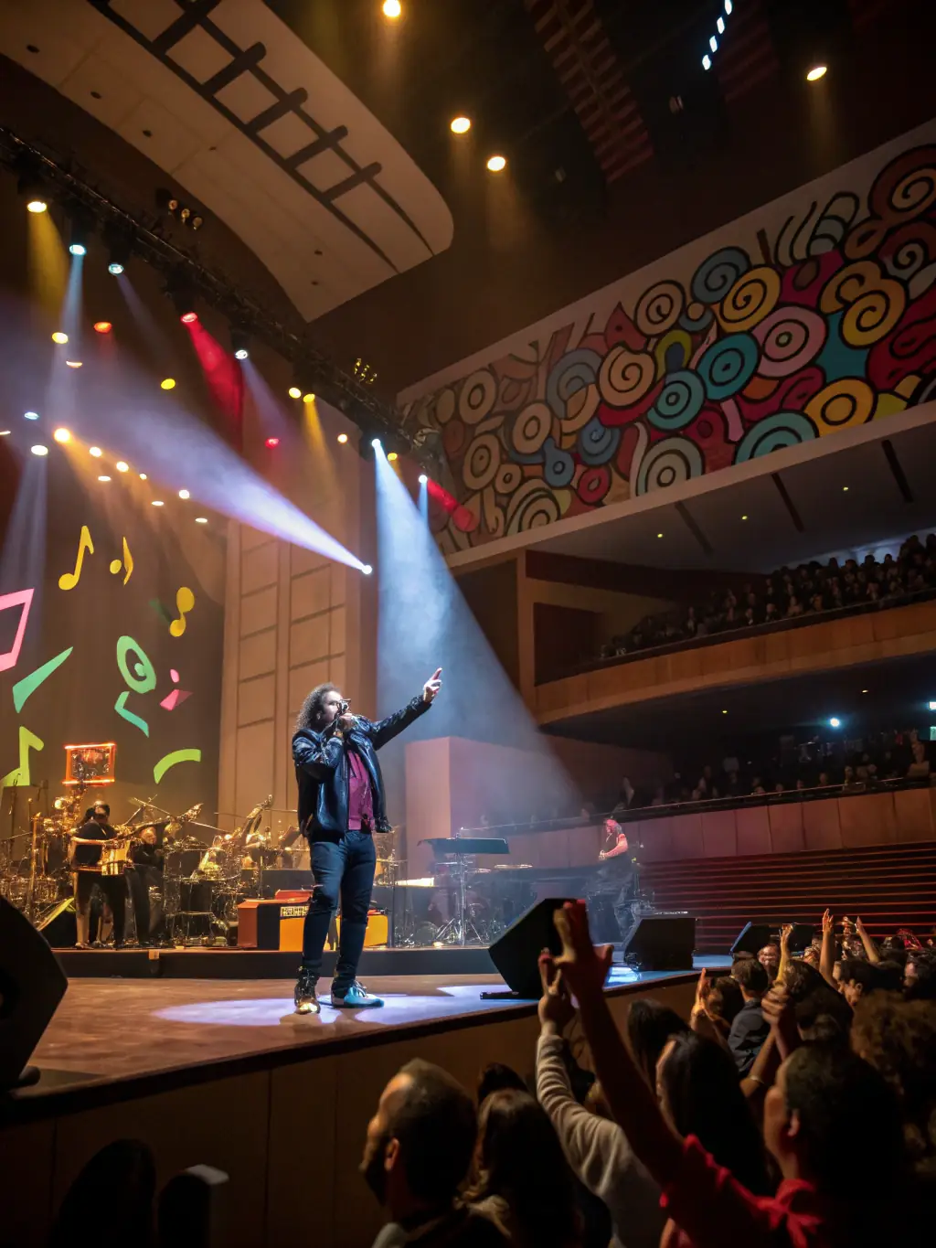 A vibrant stage with musicians playing traditional Greek instruments, colorful lighting, and an engaged audience, capturing the essence of a World Music Performance by Le Blues Du Piree.