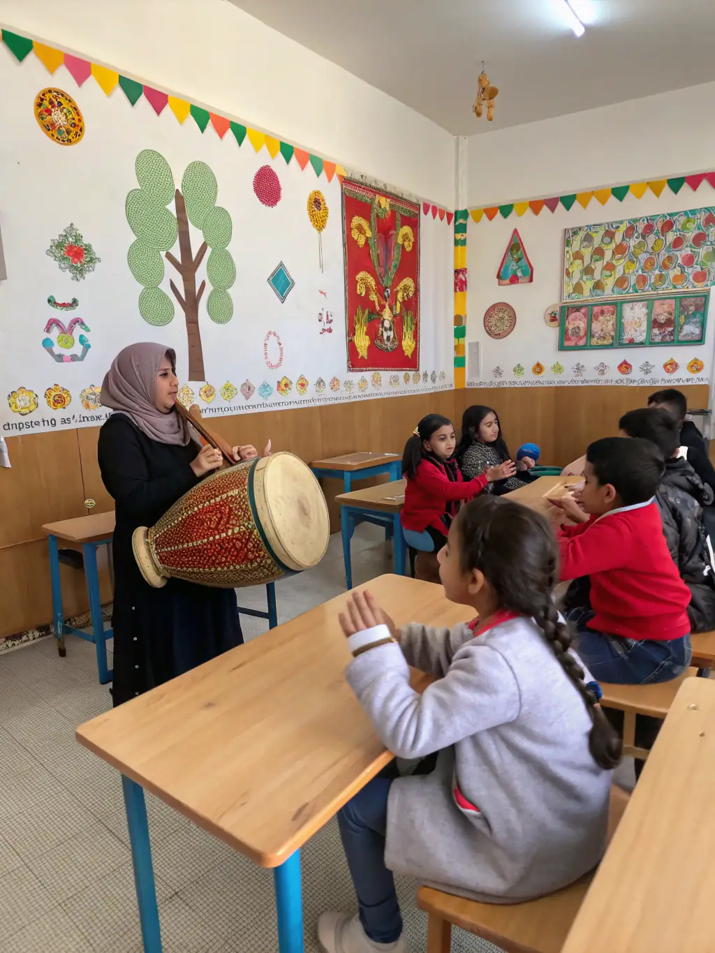 A group of students learning traditional Greek instruments in a lively workshop setting, showcasing the Music Training & Workshops by Le Blues Du Piree.