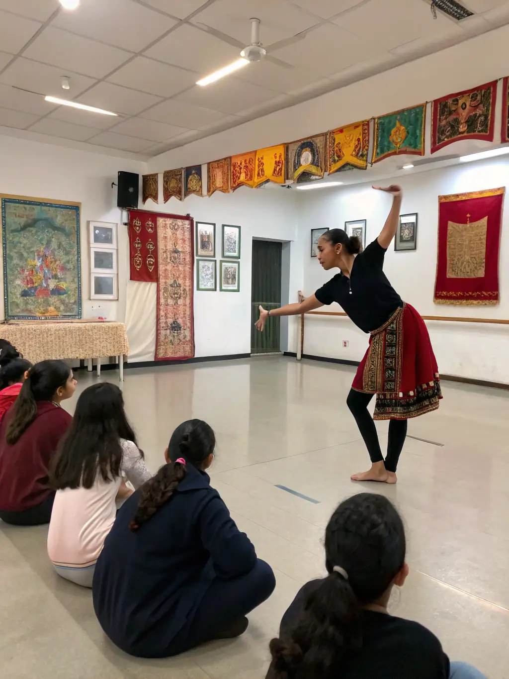 A group of people participating in a traditional Greek dance class, with the instructor demonstrating the steps and the participants following along.