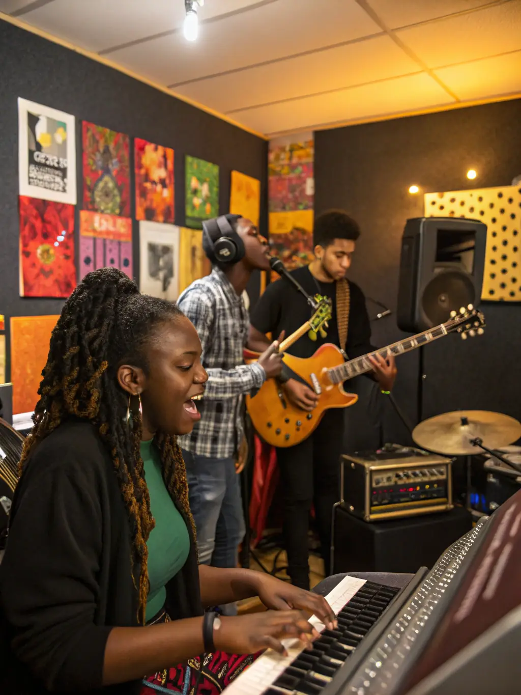 A scene from a collaborative music project, showcasing musicians from different cultural backgrounds working together, highlighting the collaborative projects of Le Blues Du Piree.